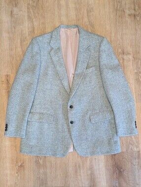 Vintage Harris Tweed 1970s Simpsons Herringbone Notch Lapel Blazer Light Gray